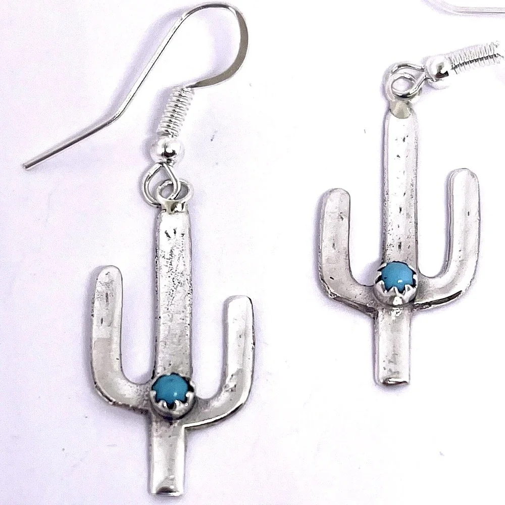 Navajo Saguaro Cactus Earrings Turquoise 2in Hook Snake Eye Native Amer Sterling
